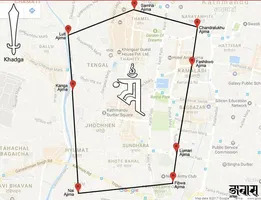The eight mātṛkā seats of Kathmandu plotted on a modern map, forming the outline of a khadga
