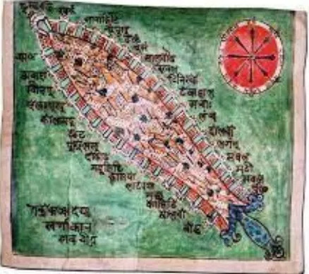 Historical painted map of Kathmandu drawn in the form of a khadga, with the periphery marked and inscribed in Newar script