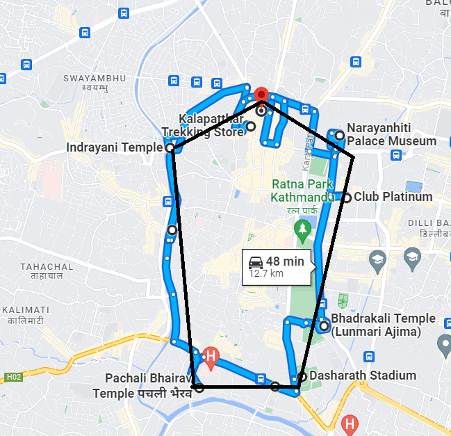 Modern Google Maps overlay showing the geographical locations of the eight Asta Matrika temples around Kathmandu Valley