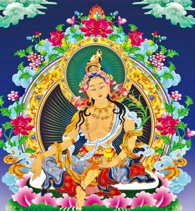 Traditional thangka painting of Vasudhara, the Buddhist goddess of prosperity